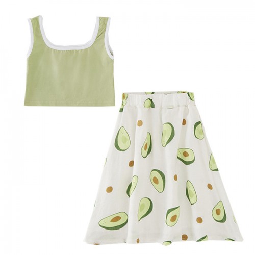 童裝女童背心牛油果套裝2019夏裝新款小女孩韓版洋氣背心半身裙