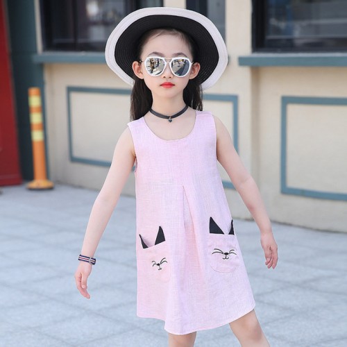 童裝2019女童棉麻公主裙中大童時尚無袖背心裙卡通刺繡兒童連衣裙