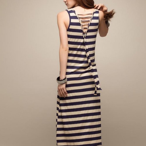 愛情公寓3同款莫代爾長裙女條紋背心長裙圓領(lǐng)百搭無袖背心連衣裙