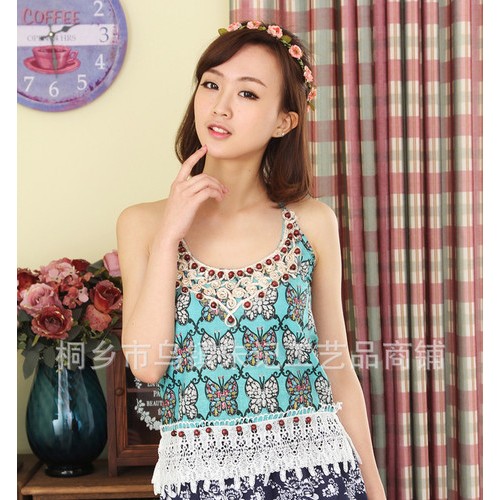 時尚百搭波西米亞民族風亞麻花布彩珠吊帶-綠蝴蝶