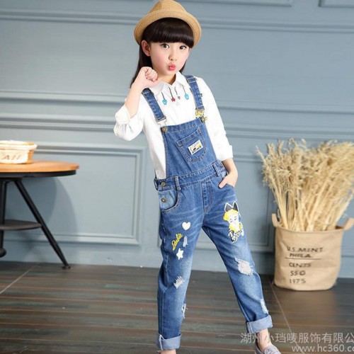 兒童吊帶連體褲水洗藍牛仔背帶褲子女裝韓版連體褲寬松闊腿褲2017