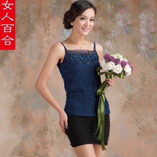 供應實拍D2003韓國新款女裝 春季修身打底衫批發特價純色蕾絲吊帶衫