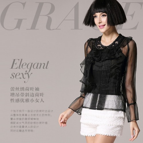 供應春夏新款 歐美高端 蕾絲荷葉袖贈吊帶上衣