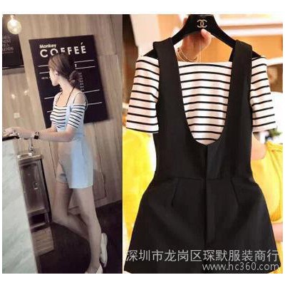 夏新款露肩短袖條紋T恤女吊帶韓版時(shí)尚2件套裝連體背帶短褲