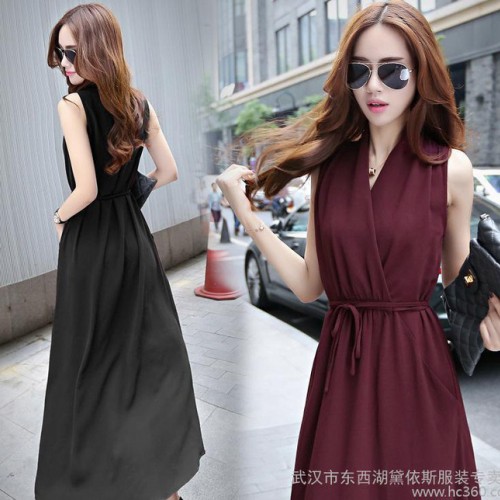 性感V領(lǐng)無(wú)袖背心裙夏季新款2016韓版修身收腰大擺裙潮流女裝
