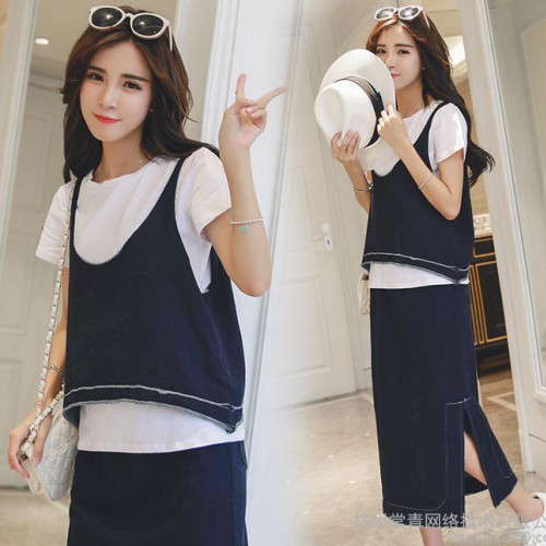 女式休閑套裝 時尚U型吊帶衫+純色修身T恤+中腰開叉半身裙三