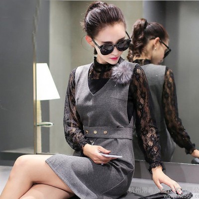 2016春秋季新款打底裙 時尚潮流束腰顯瘦純色V領背心裙