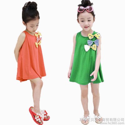 供應2014夏款童裙 韓版女童純棉大裙擺蝴蝶結背心連衣裙 吊帶連衣裙