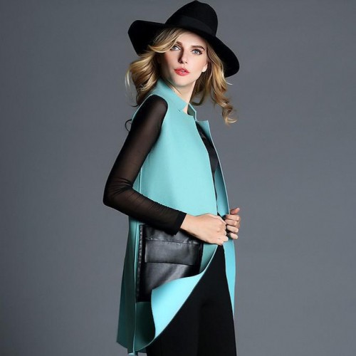 爾革2014秋冬新款歐美高端品牌女裝撞色無袖拼接毛呢背心外套