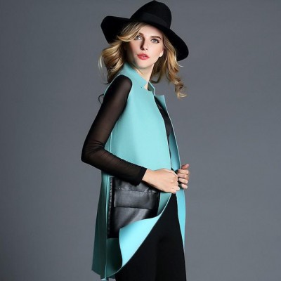 爾革2014秋冬新款歐美高端品牌女裝撞色無袖拼接毛呢背心外套