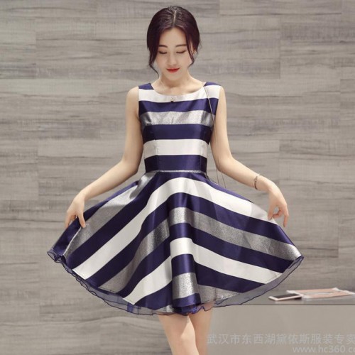 2016夏季新款女裝韓版圓領(lǐng)無(wú)袖背心裙中長(zhǎng)款經(jīng)典條紋連衣裙A