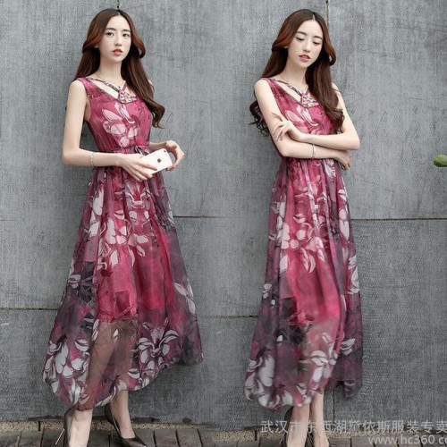 雪紡連衣裙女2016夏韓國(guó)印花海邊中長(zhǎng)款修身背心裙大碼顯瘦長(zhǎng)