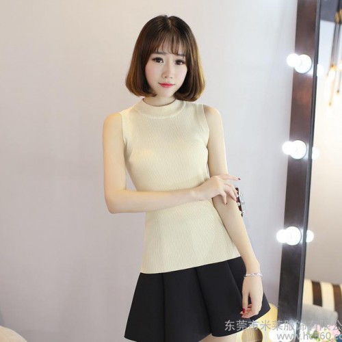 夏季豎條螺紋針織衫潮 半高領套頭無袖針織背心女 6828