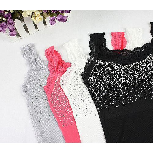 2015韓版修身女士花邊燙鉆背心 夏季女打底衫 純色百搭打底