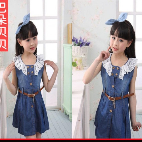 2014新款韓版蕾絲花邊背心新款童裙 時尚潮搭牛仔皮帶新款童裙