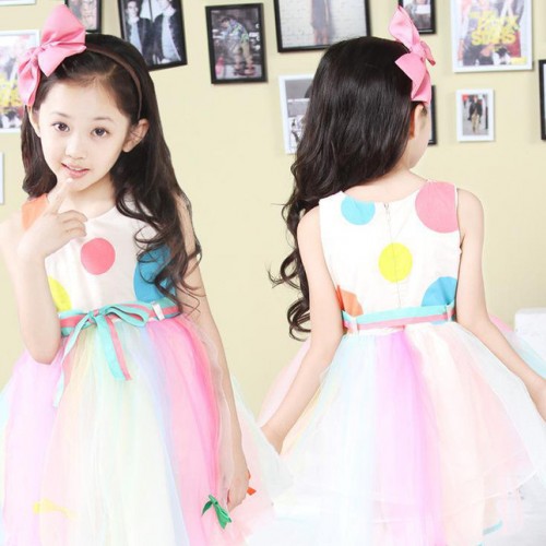 童裝 秋款長袖女童背心裙 公主七彩女童連衣裙 演出裙 彩虹女童裙