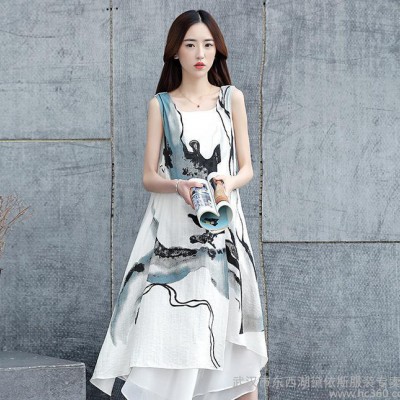 無(wú)袖棉麻連衣裙夏新款文藝范水墨印花裙中長(zhǎng)款氣質(zhì)寬松背心裙子