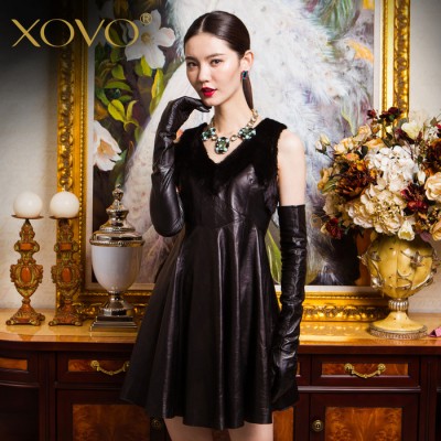 XOVO  新款修身水貂毛拼貂真皮連衣裙背心裙皮裙