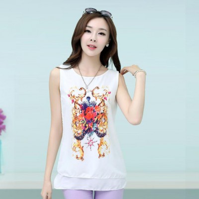 2014新款韓版打底衫上衣印花雪紡衫無袖印花背心