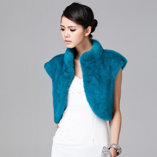 艾瑪珮姬 水貂整貂坎背心藍(lán)色裘皮立領(lǐng)披肩禮服外搭短款外套