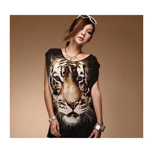 歐美時尚 老虎印花 寬松舒適 水晶麻背心 T恤
