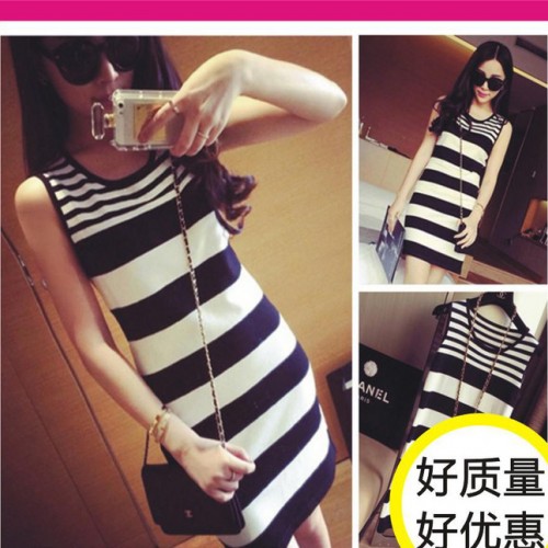 2014韓版知性OL必備！粗細條紋相間無袖背心裙 短裙
