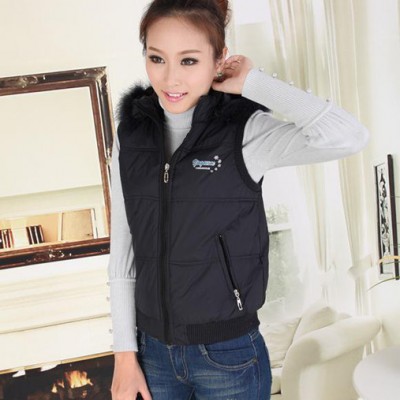 實拍  爆款新品女裝韓版印花可拆卸帽毛領背心羽絨衣 批發