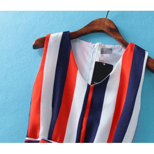 系帶豎條紋雪紡背心裙~2015夏季新款女裝修身無(wú)袖連衣裙女裙