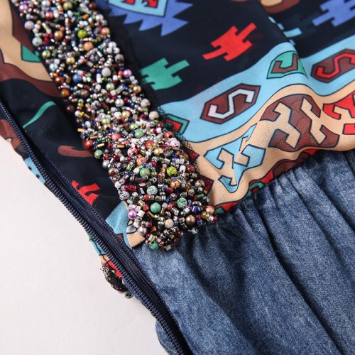 2016夏秋新款女裝雪紡牛仔拼接連衣裙無袖背心韓版連體百褶中長裙