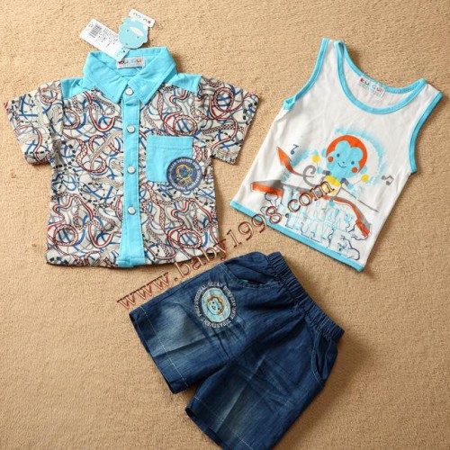 酷咕鴨2015夏裝童套裝 三件套 襯衣+背心+牛仔短褲