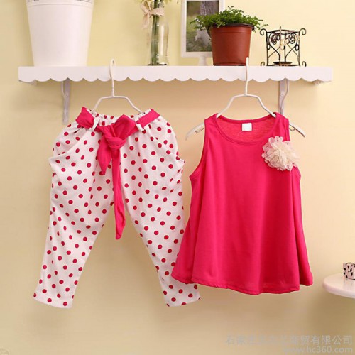 供應2014韓版外貿童裝夏款童套裝 女童波點背心套裝 花朵兩件套