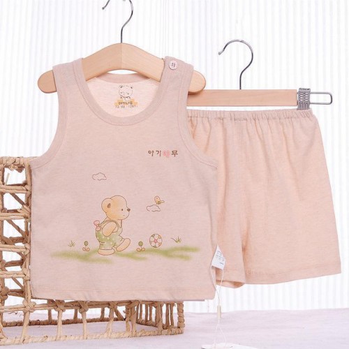 0-2歲嬰幼兒內衣套裝 寬肩背心小熊上衣內衣+短褲 純棉居家