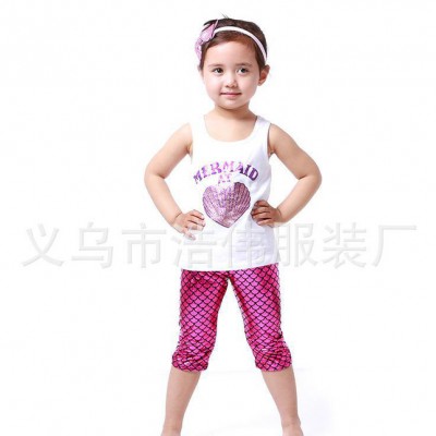 歐美夏季新款美人魚童套裝 純棉背心加魚鱗短褲女童兩件套