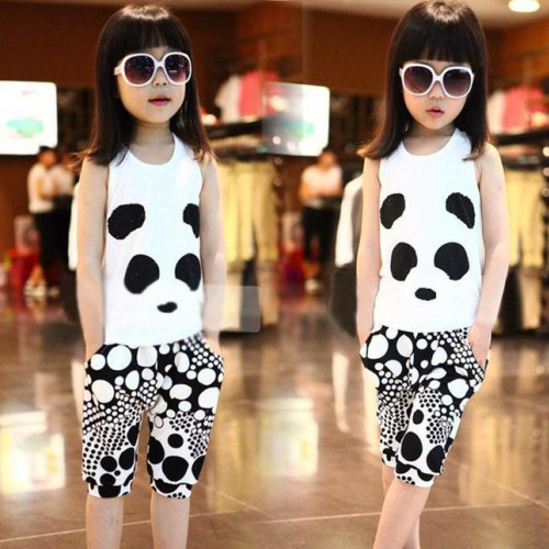 巴朵貝貝休閑套裝 熊貓童套裝  夏季熊貓背心套裝 男童女童套裝男