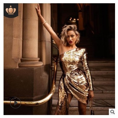 2020年歐美外貿(mào)新款女裝 wish亞馬遜性感單肩亮片修身連衣裙