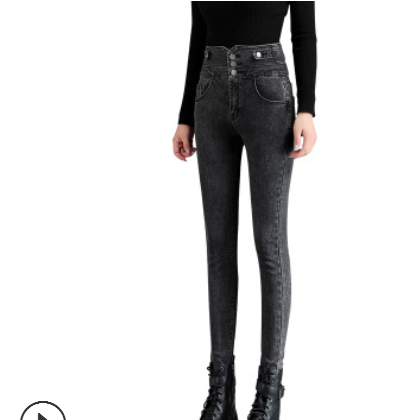 加絨牛仔褲女秋冬新款加厚高腰黑色排扣鉛筆褲修身顯瘦顯高小腳褲