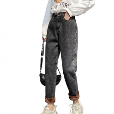 牛仔褲女2020新款加絨加厚顯瘦高腰寬松直筒闊腿哈倫蘿卜老爹褲子