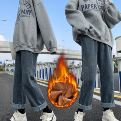 牛仔褲女秋冬直筒寬松高腰顯瘦闊腿褲2020新款ins潮加絨加厚褲子