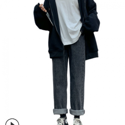 黑色直筒褲牛仔褲女秋冬2020年新款寬松高腰顯瘦百搭闊腿加絨褲子