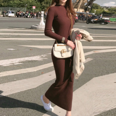 2020秋冬修身顯瘦收腰打底針織連衣裙加厚套頭毛衣女超長款毛衣裙