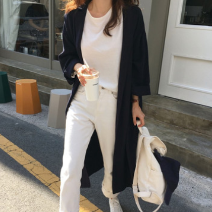 原版現(xiàn)貨寬松顯瘦純色翻領(lǐng)過膝防嗮風(fēng)衣外套女春秋長款襯衣開衫