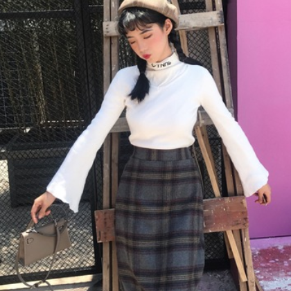 2020秋冬復(fù)古高腰格子毛呢半身裙女學(xué)生加厚中長款