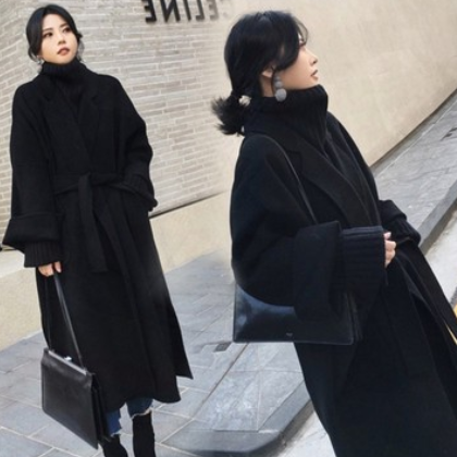 黑色毛呢外套女2020秋冬季長款過膝系帶廓形雙面羊絨手工呢子大衣