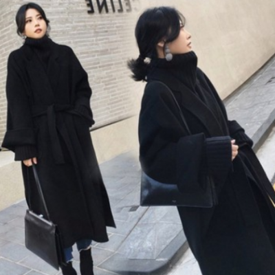 黑色毛呢外套女2020秋冬季長款過膝系帶廓形雙面羊絨手工呢子大衣