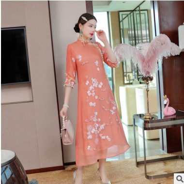 改良旗袍40歲遮肚子裙子2021春季聚會(huì)休閑媽媽裝減齡連衣裙女批發(fā)