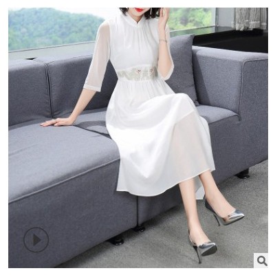 2021春季新款收腰改良旗袍大擺中年女裝禮服刺繡年會(huì)連衣裙批發(fā)