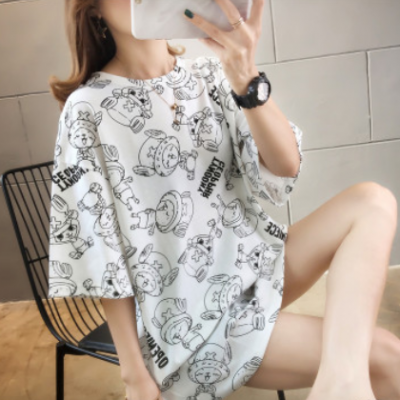 (滌綸多款)女裝短袖T恤女夏寬松涂鴉大碼中長(zhǎng)款潮上衣服一件代發(fā)