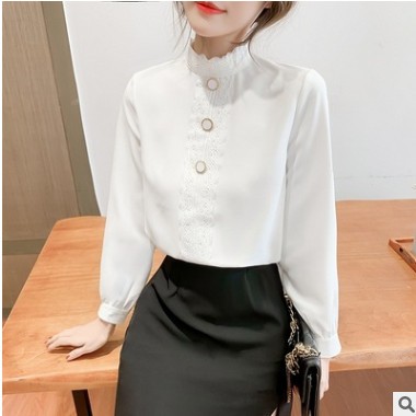 雪紡襯衫女2021春裝新款韓版寬松蕾絲拼接氣質(zhì)長袖立領(lǐng)雪紡衫上衣