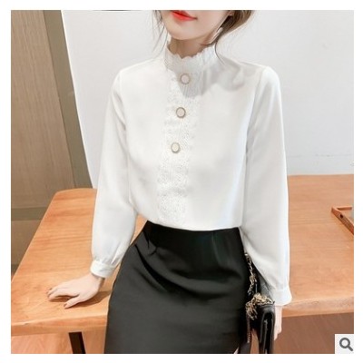 雪紡襯衫女2021春裝新款韓版寬松蕾絲拼接氣質(zhì)長袖立領(lǐng)雪紡衫上衣