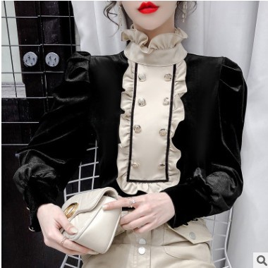 黑色金絲絨上衣女2021春季新款時尚木耳邊立領(lǐng)拼接絲絨打底衫洋氣